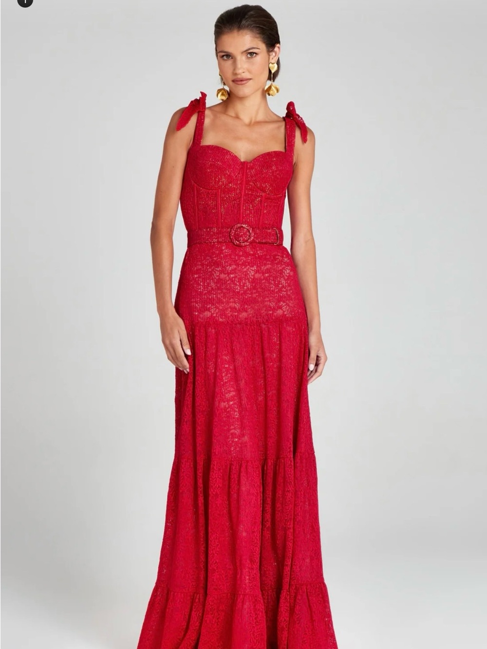 Tie-Shoulder Red Lace Maxi Dress with Belted Waist